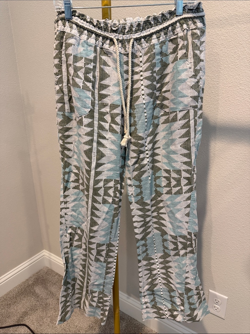 Roxy Geometric Print Drawstring Flare Beach Pants Medium Boho Coastal
